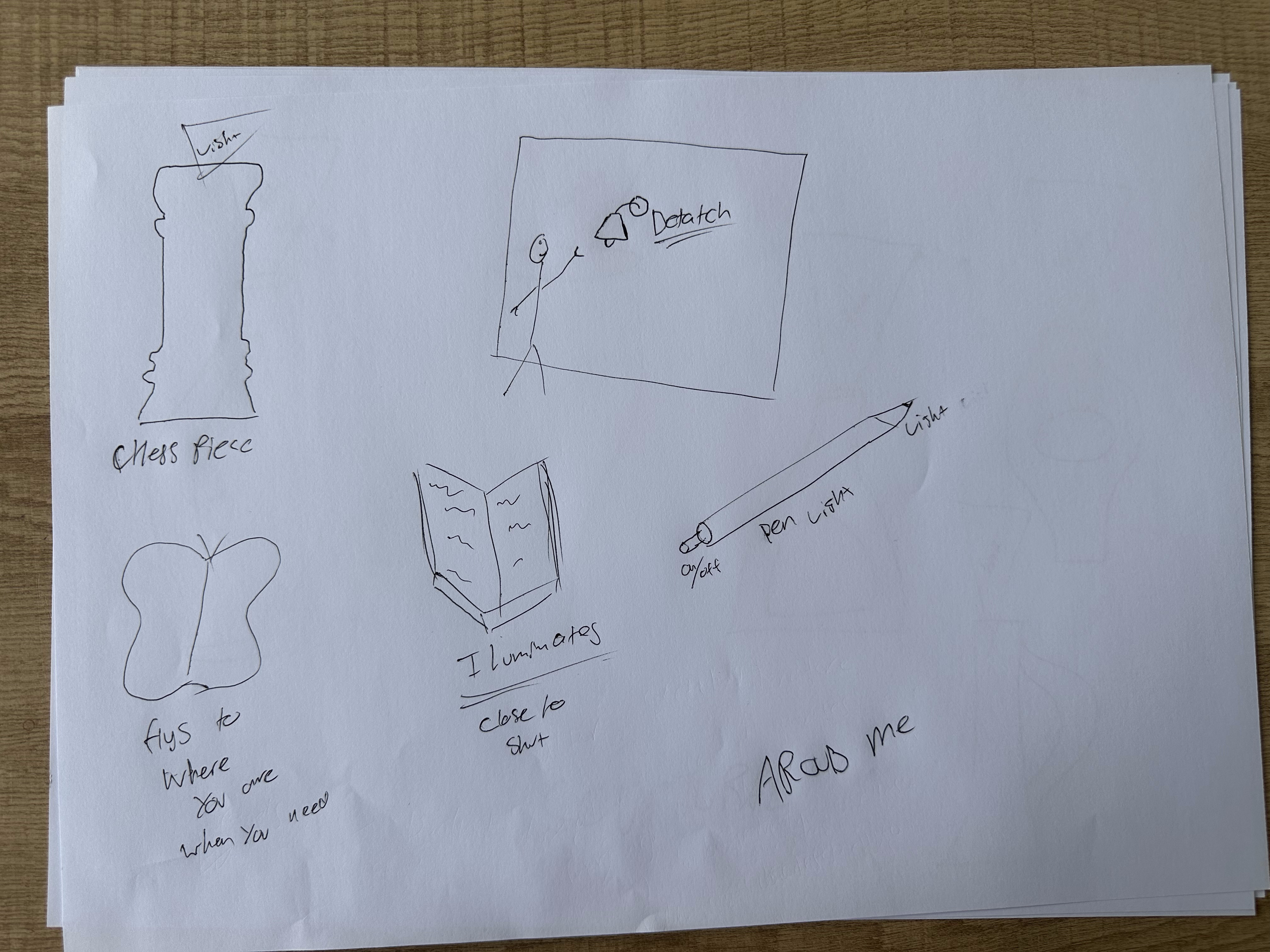 Torch ideation sketches inspired by everyday items: chess piece, book, pen, portrait sketch, butterfly